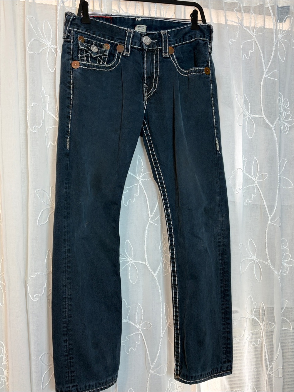 Vintage True Religion Men's Dark Blue Straight Jeans with Contrast Stitching
